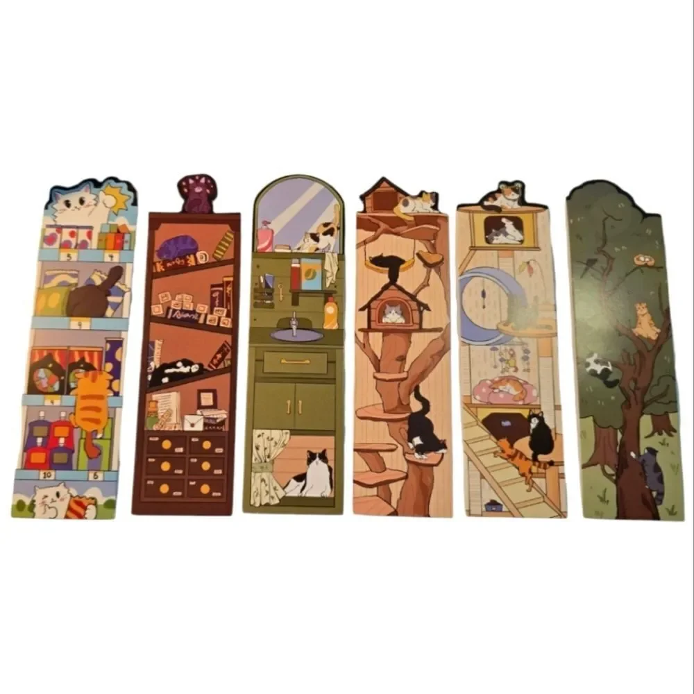 6pc Cat Bookmark Set Colorful Reading Markers Kawaii Cat Tree Home Cute Kittens